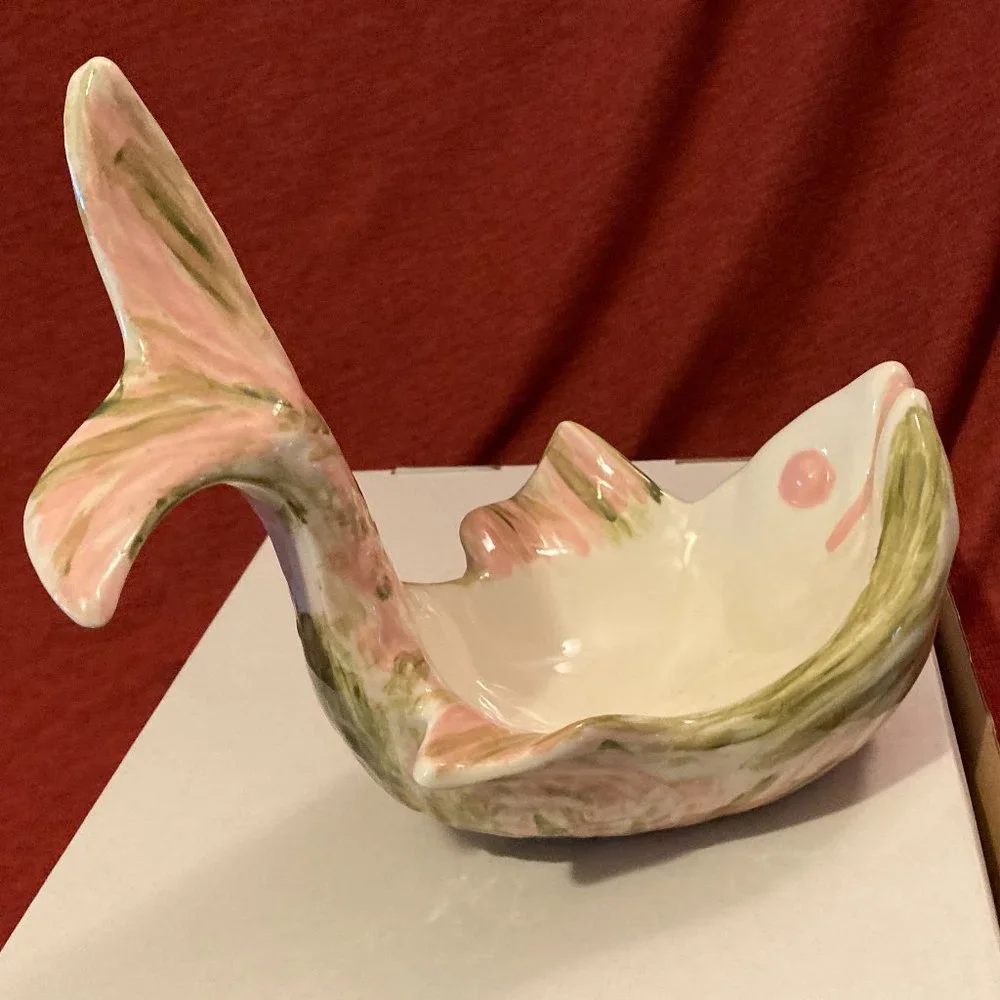 VTG 1950's MCM Pink/Green Glazed Ceramic Fish-Soap/Jewelry Dish-9” L-5.25